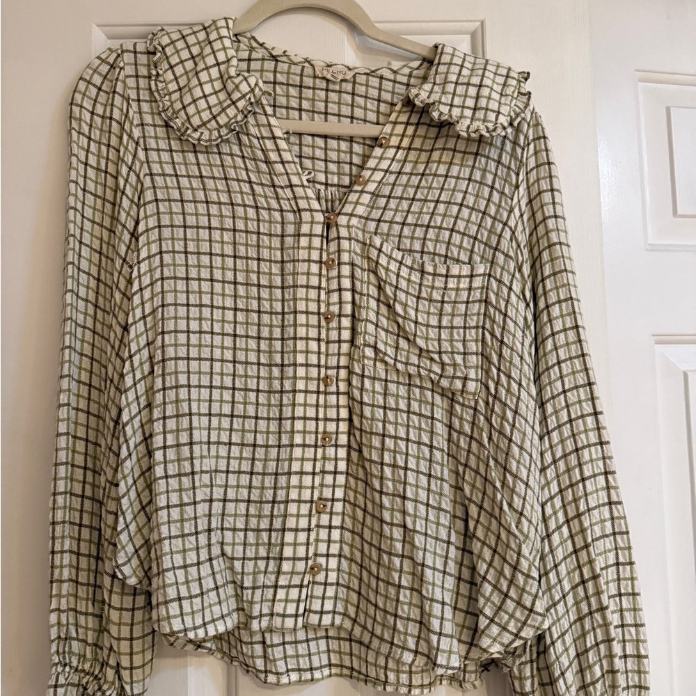Anthropologie The Kiera Blouse by Pilcro Green Plaid